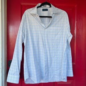 Fairline Men's Large Long Sleeve Yellow Blue Checkered Dress Shirt Formal Wear